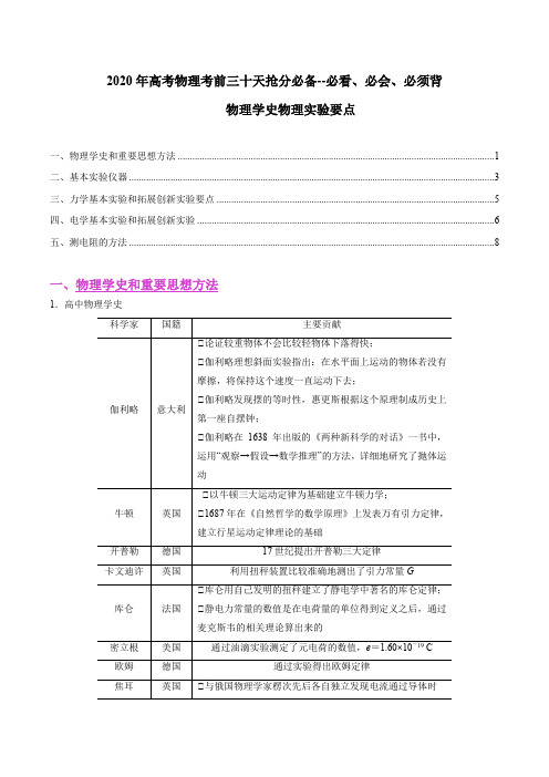 2020年高考物理考前三十天抢分必备--必看、必会、必须背      物理学史物理实验要点