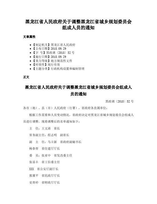 黑龙江省人民政府关于调整黑龙江省城乡规划委员会组成人员的通知