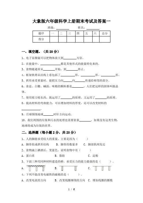 大象版六年级科学上册期末试卷【含答案】