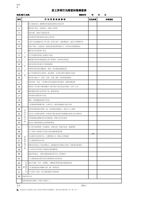 银行员工异常行为排查问卷调查表