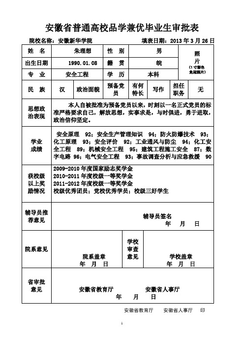 省品学兼优毕业生审批表