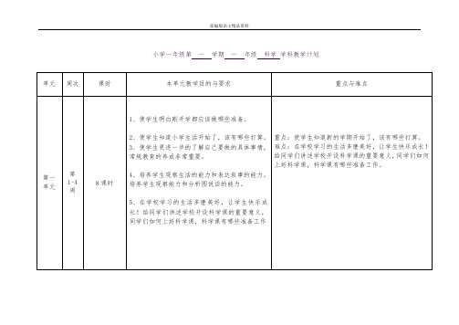 教育部编写统编版一年级上册一年级上科学教学计划