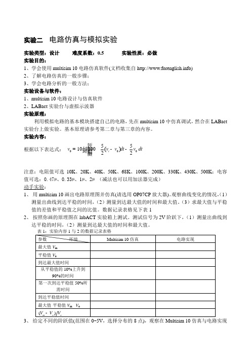 实验二  电路仿真与模拟实验