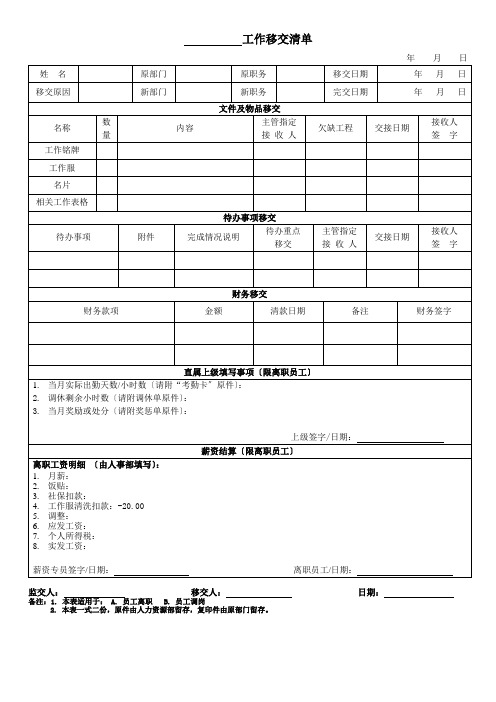 表12-工作移交清单