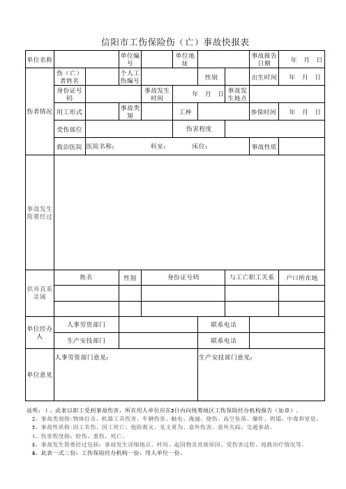 信阳市工伤保险伤(亡)事故快报表