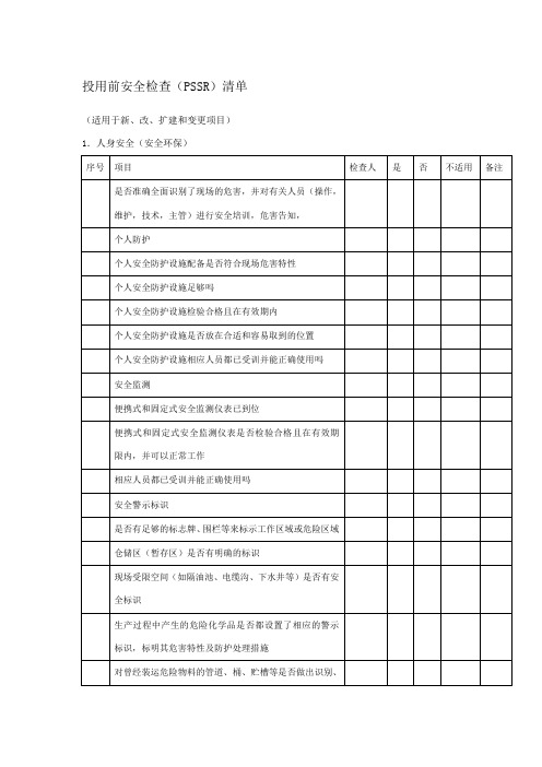 投用前安全检查表