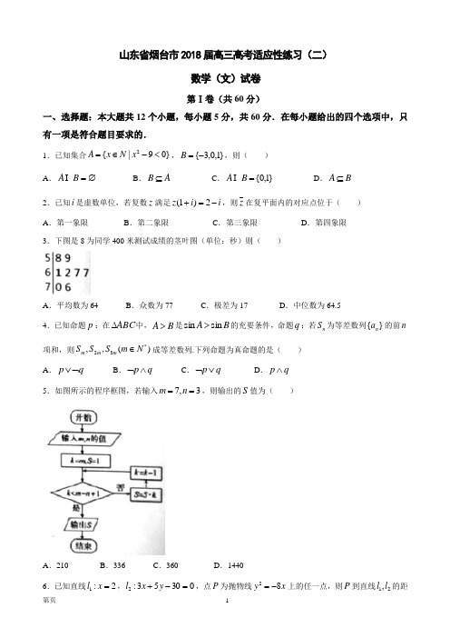 2018届山东省烟台市高三高考适应性练习(二)数学(文)试卷(word版)