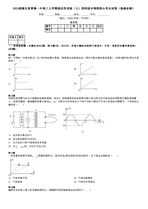 2024届湖北省黄梅一中高三上学期适应性训练(七)理科综合物理核心考点试卷(基础必刷)