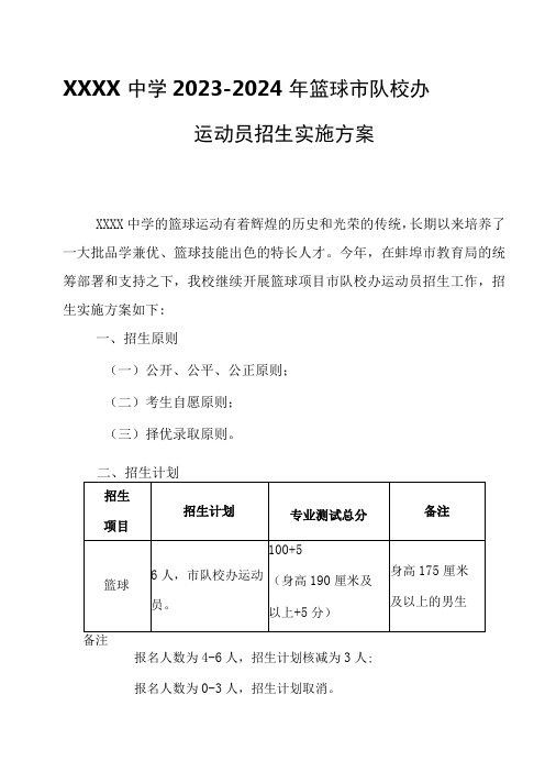 中学20232024年篮球市队校办运动员招生实施方案