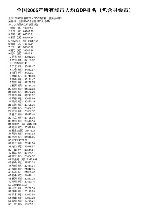 全国2005年所有城市人均GDP排名（包含县级市）
