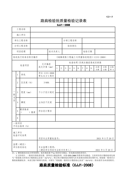 路肩施工检验批质量检验记录