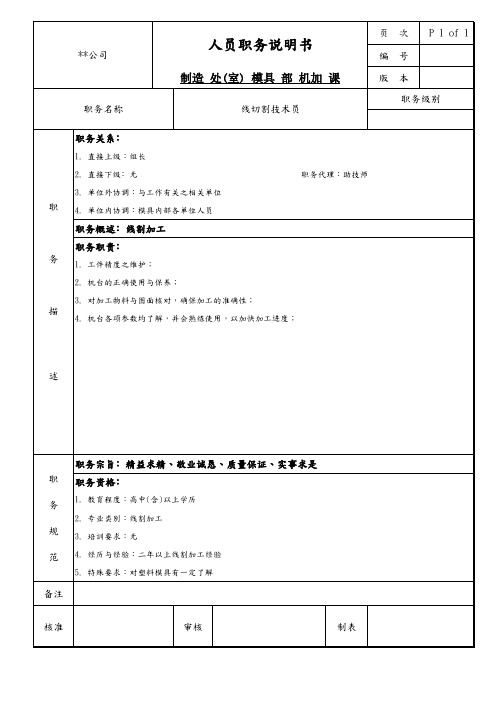 模具部机加课线切割技术员职务说明书