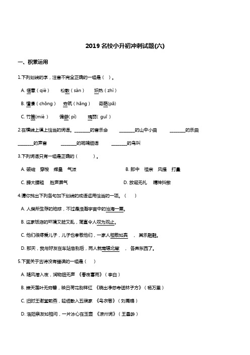 2019年名校小升语文初冲刺试题(6) 人教新课标  (含答案)