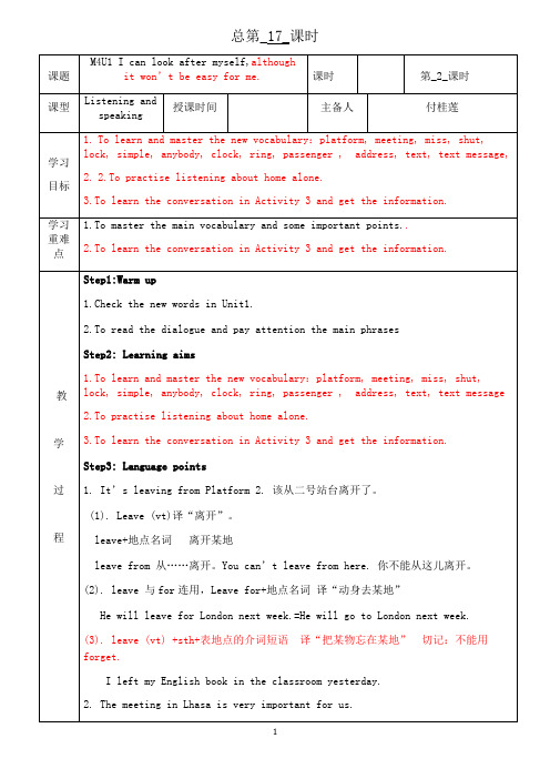 外研版英语九年级上册Module 4 Unit 1 I can look after 第2课时教案