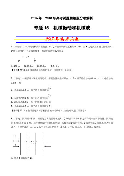 专题15 机械振动和机械波-三年高考(2016-2018)物理试题分项版解析(原卷版)