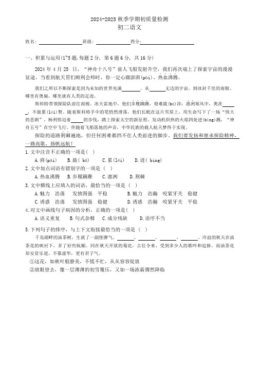 辽宁省盘锦市大洼区2024-2025学年八年级上学期期初质量检测语文试卷