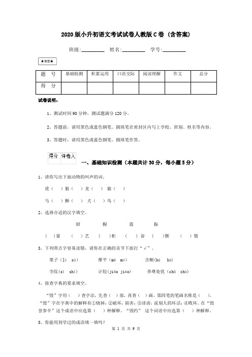 2020版小升初语文考试试卷人教版C卷 (含答案)