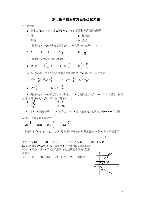 高二数学期末复习抛物线练习题