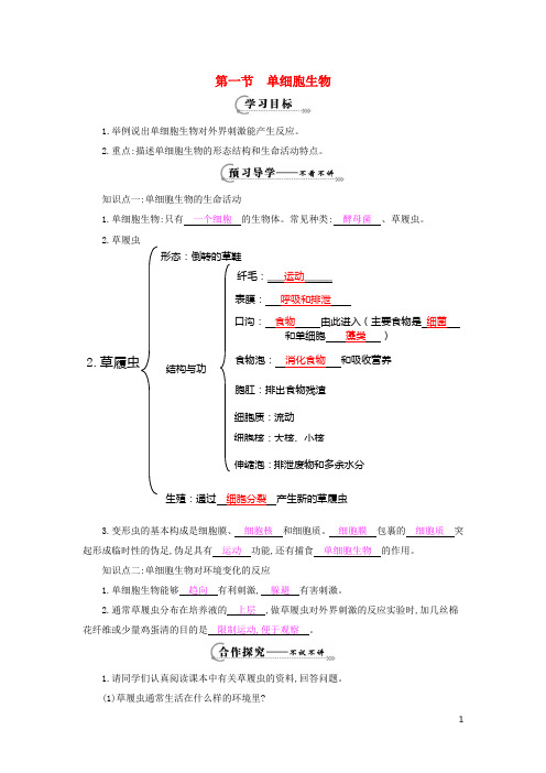 七年级生物上册 第四章 第三节《单细胞生物》导学案 (