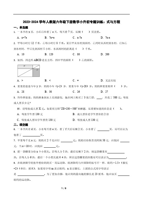 2023-2024学年人教版小学数学六年级下册《小升初专题训练：式与方程》(含答案)