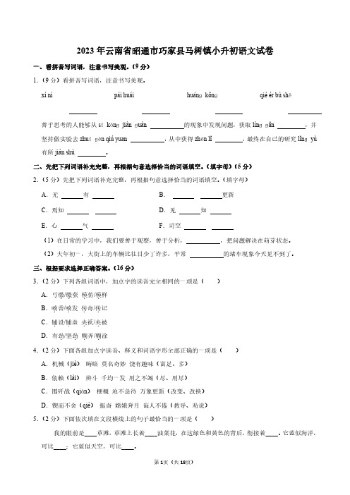 2023年云南省昭通市巧家县马树镇小升初语文试卷附答案解析