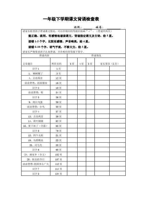 一年级下学期课文背诵检查表