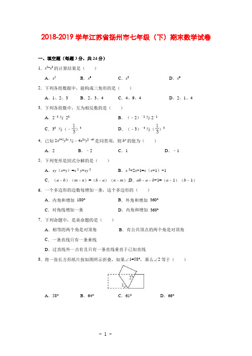 江苏省扬州市2018-2019学年七年级数学(下)期末试卷(含解析)