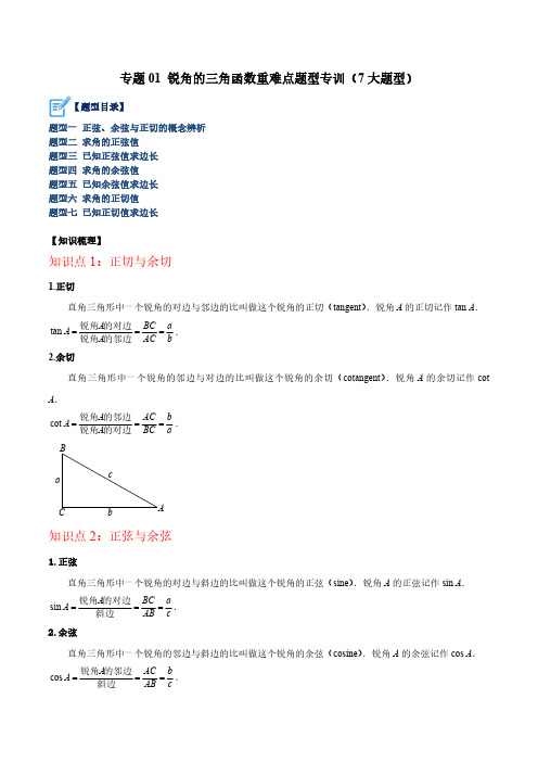 专题01 锐角的三角函数重难点题型专训(7大题型)(原卷版)