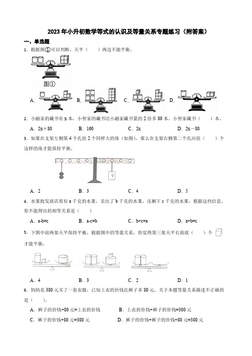 2023年小升初数学等式的认识及等量关系专题练习(附答案)