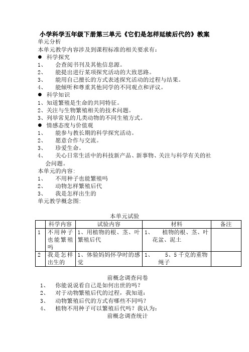 小学科学五年级下册第三单元《它们是怎样延续后代的》教案