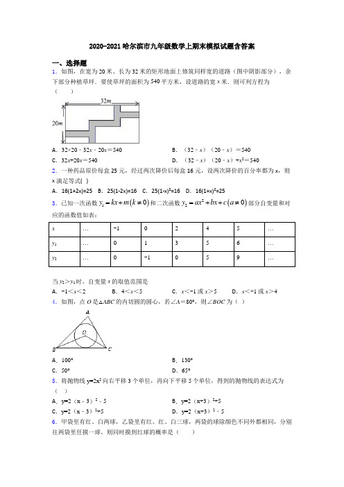 2020-2021哈尔滨市九年级数学上期末模拟试题含答案