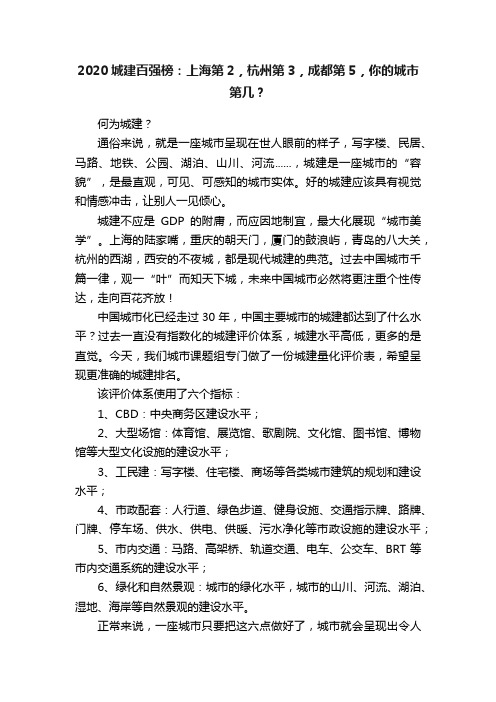 2020城建百强榜：上海第2，杭州第3，成都第5，你的城市第几？