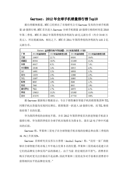 Gartner：2012年全球手机销量排行榜Top10