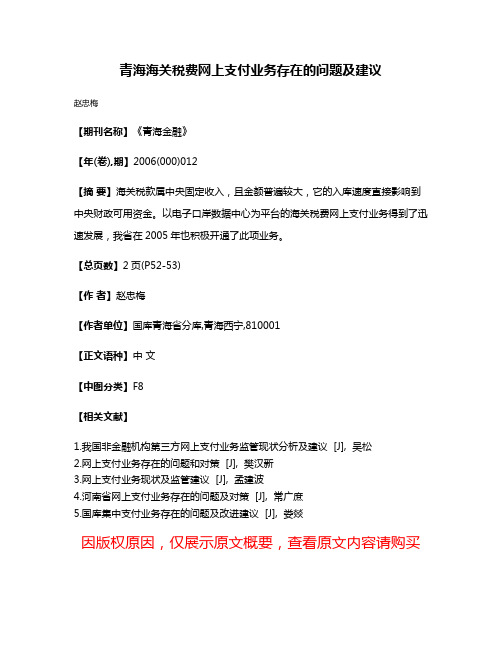 青海海关税费网上支付业务存在的问题及建议