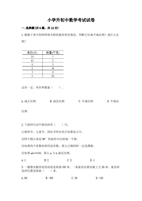 小学升初中数学考试试卷附完整答案(全国通用)