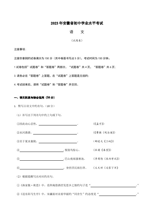 2023年安徽省初中学业水平考试语文试题含答案