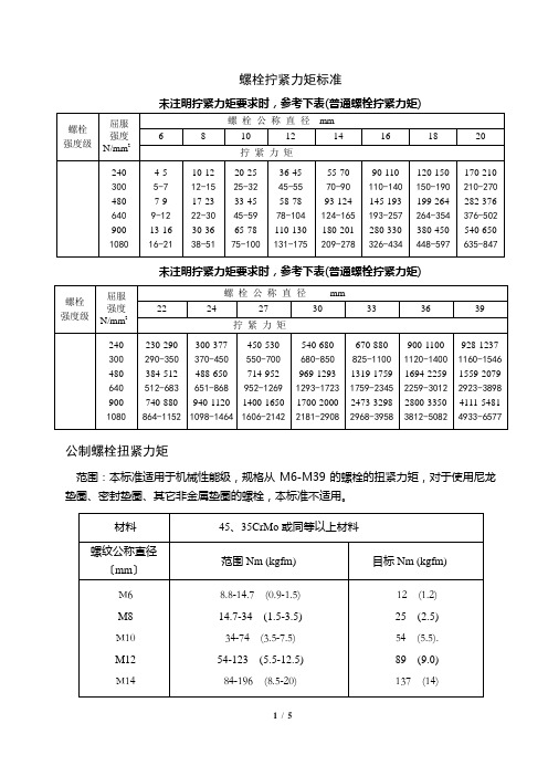 螺栓拧紧力矩及标准