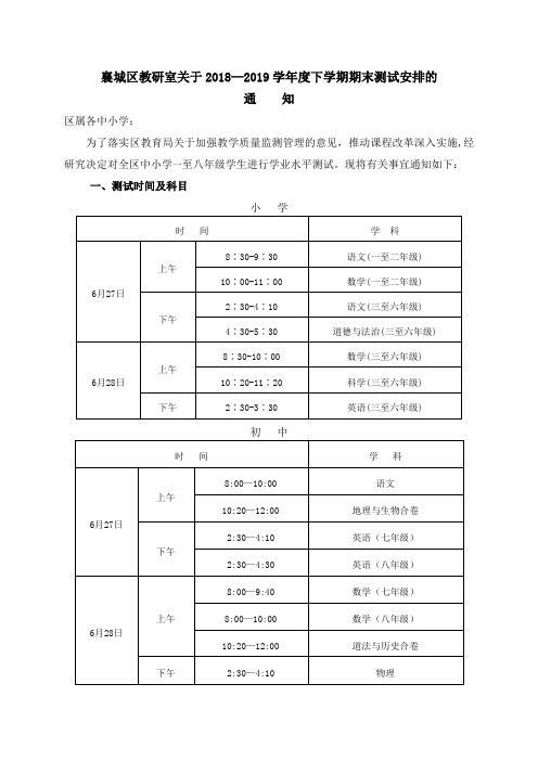 2019夏期末考试通知