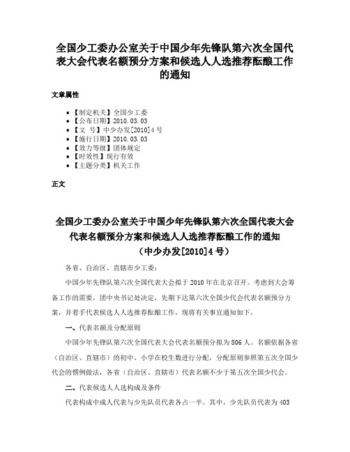 全国少工委办公室关于中国少年先锋队第六次全国代表大会代表名额预分方案和候选人人选推荐酝酿工作的通知