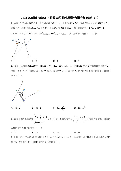 2021苏科版八年级下册数学压轴小题能力提升训练卷(1)