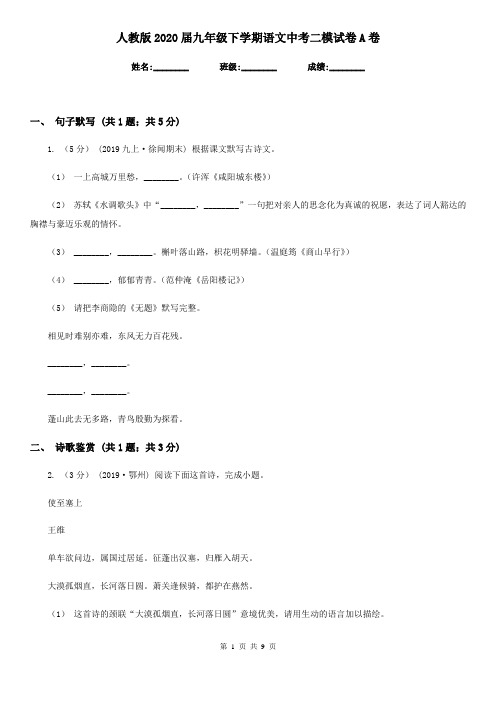 人教版2020届九年级下学期语文中考二模试卷 A卷