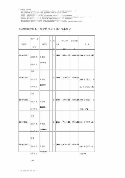 车辆购置税最低计税价格目录