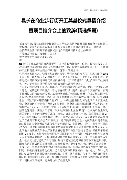 县长在商业步行街开工奠基仪式县情介绍暨项目推介会上的致辞(精选多篇)