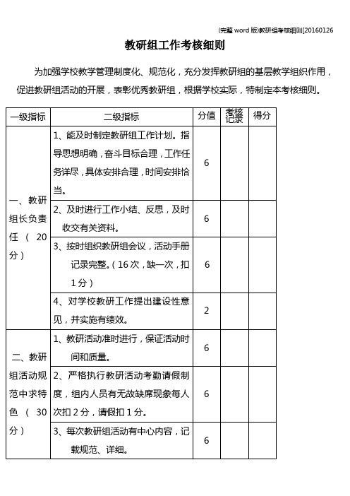 (完整word版)教研组考核细则[20160126