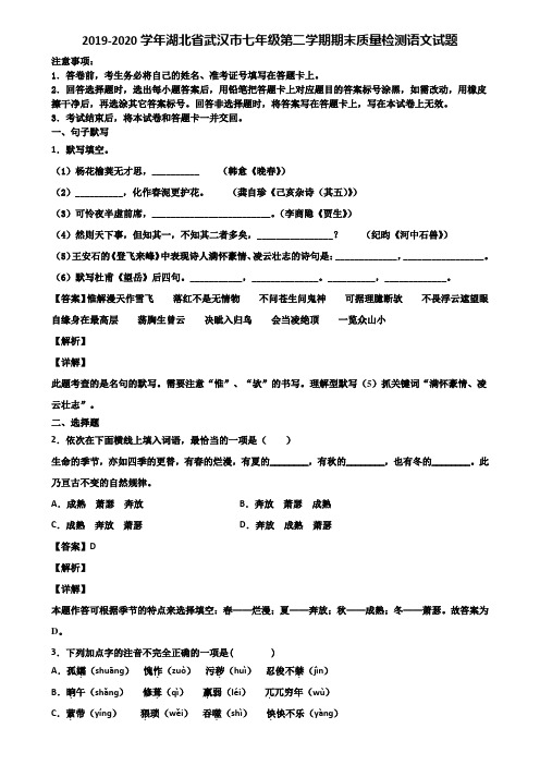 2019-2020学年湖北省武汉市七年级第二学期期末质量检测语文试题含解析