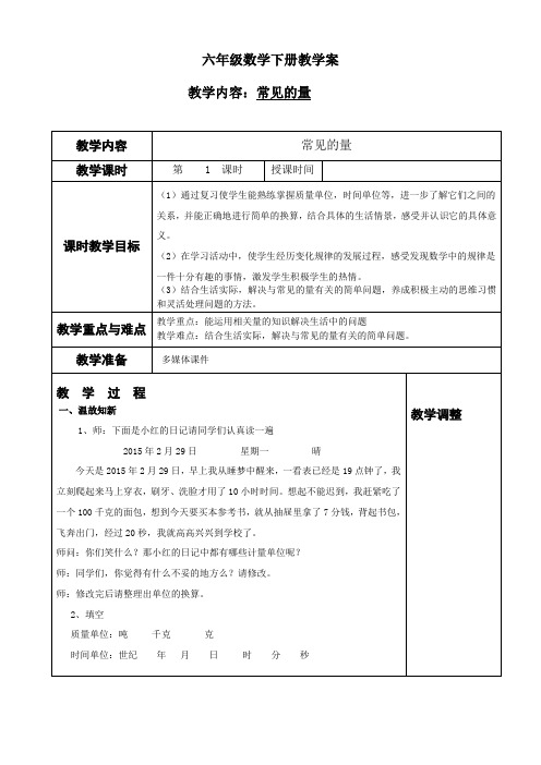 「精品」苏教版六年级数学常见的量教案