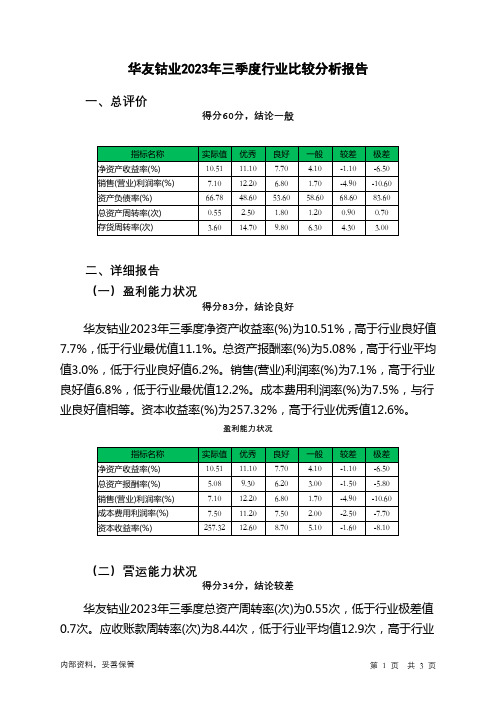 603799华友钴业2023年三季度行业比较分析报告