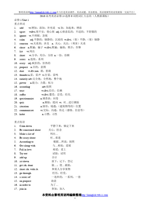 2010高考英语必修1-选修8词组词汇大总结(人教新课标)