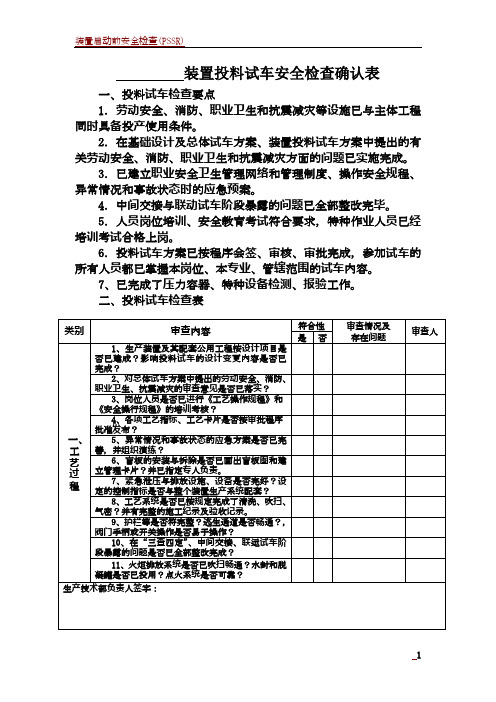 装置投料试车安全条件检查确认表