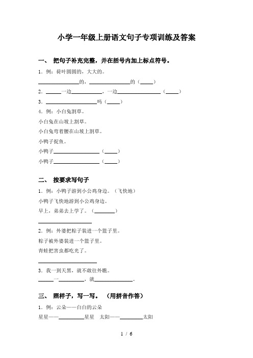 小学一年级上册语文句子专项训练及答案